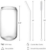 NETANY Drinking Glasses with Glass Straw 4pcs Set - 16oz Can Shaped Glass Cups, Beer Glasses, Iced Coffee Glasses, Cute Tumbler Cup, Ideal for Whiskey, Soda, Tea, Water, Gift - 2 Cleaning Brushes - Image 7
